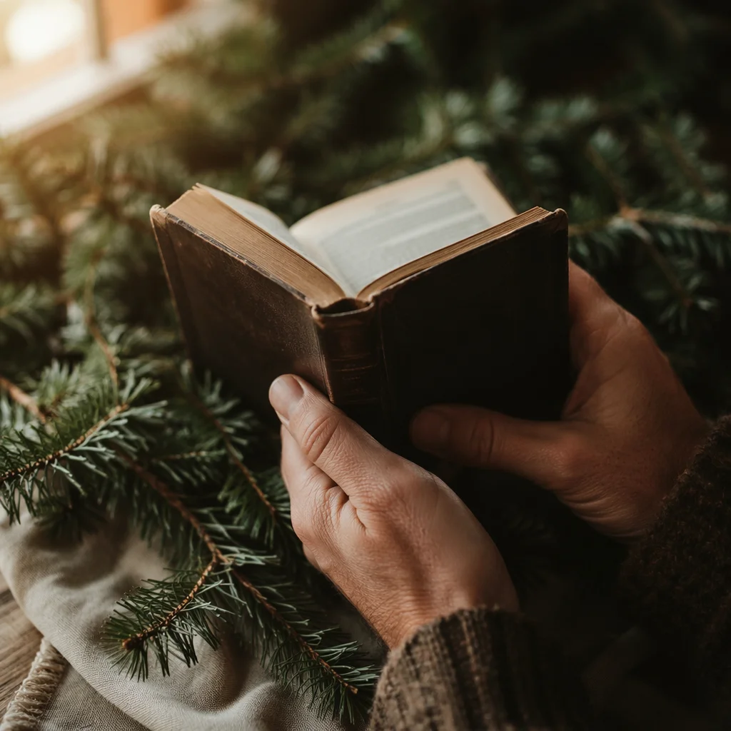 Hands Holding Bible on Evergreen Branches