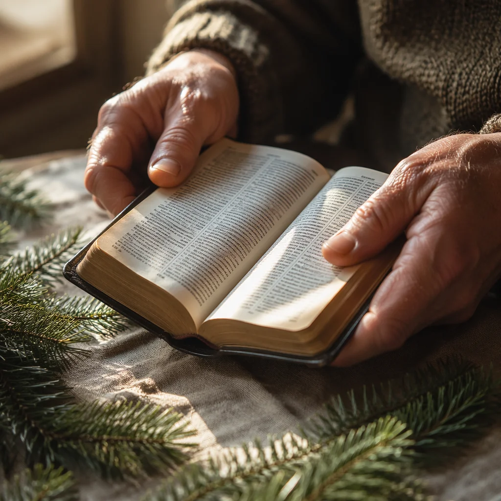 Hands Holding Bible Over Evergreen Branches