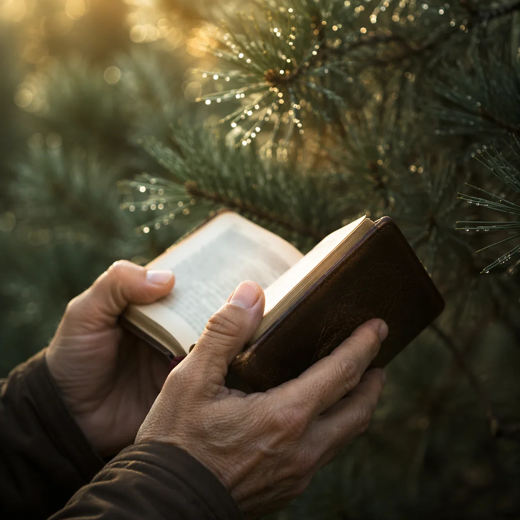 Weathered Hands Holding Bible in Evergreen Dawn