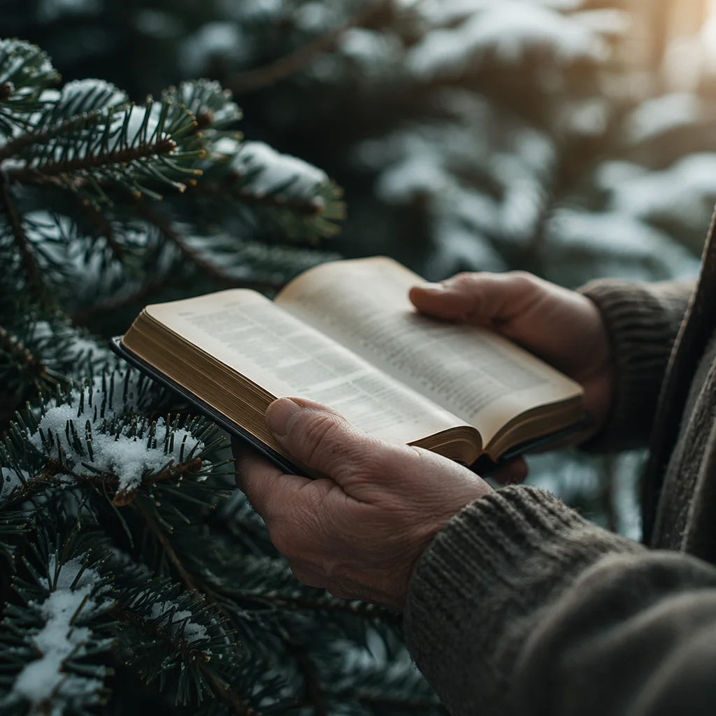 Weathered Hands Holding Bible in Winter Pines