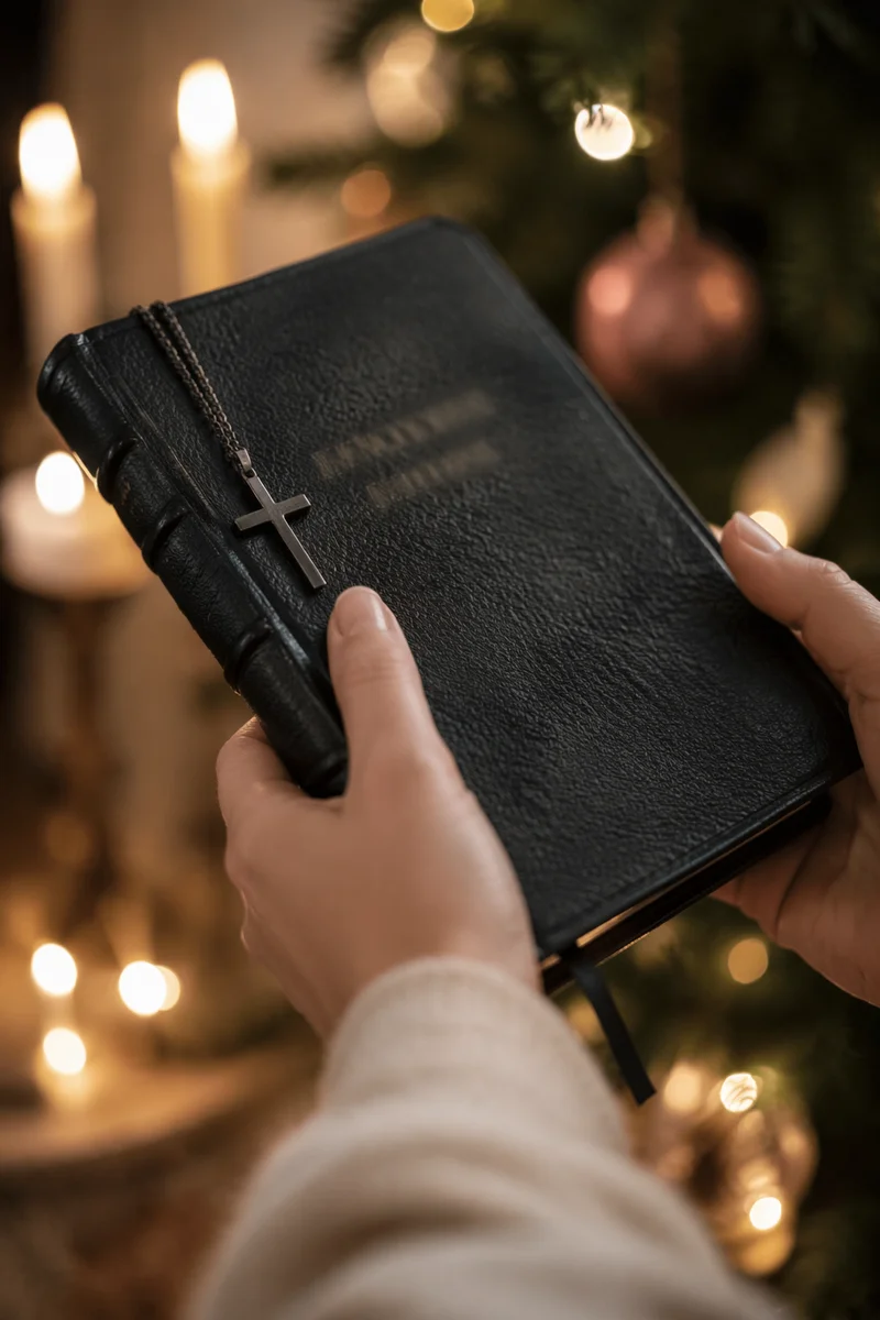 Hands Holding Bible with Cross Pendant
