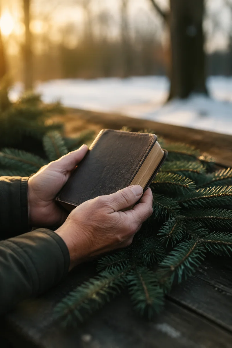 Weathered Hands Holding Bible Among Evergreens