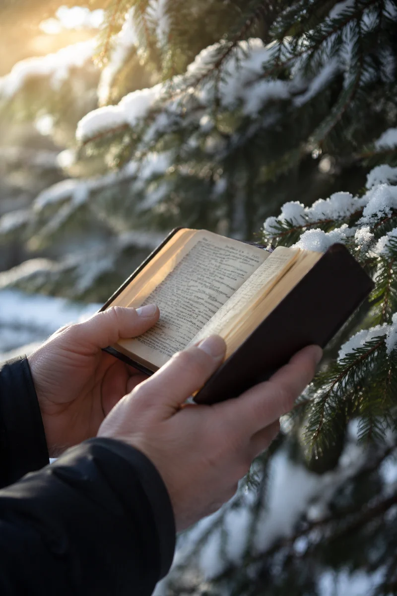 Hands Holding Bible in Snowy Evergreens