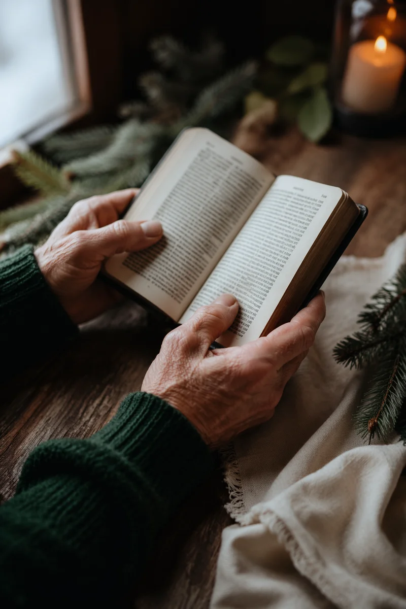 Weathered Hands Holding Bible in Winter Prayer
