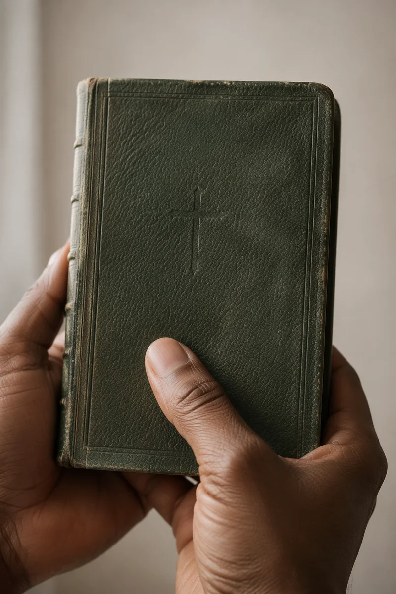 Hands Holding Worn Evergreen Bible Close Up