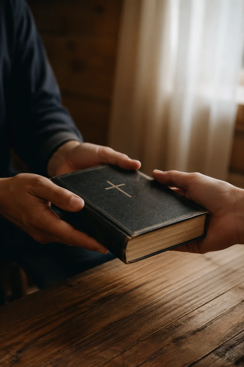 Hands Gently Passing a Worn Bible