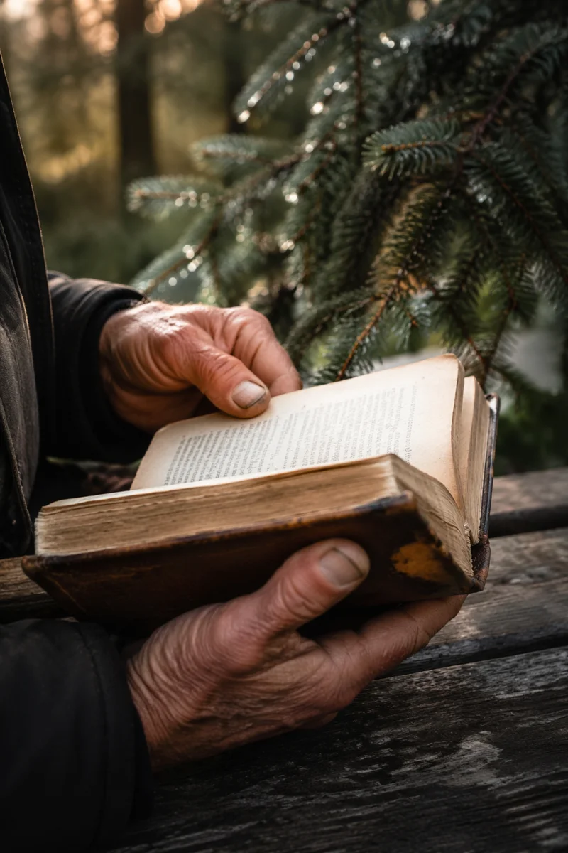 Weathered Hands Holding Bible by Evergreens