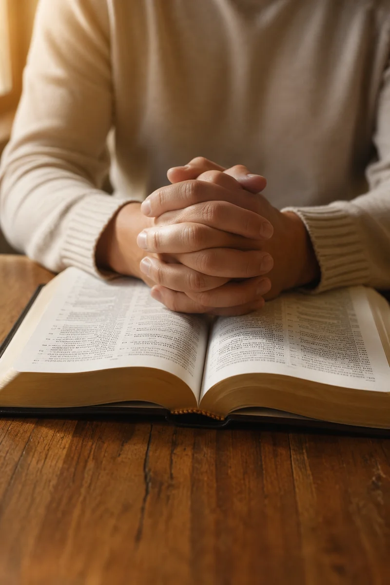 Praying Hands Resting Above Open Bible
