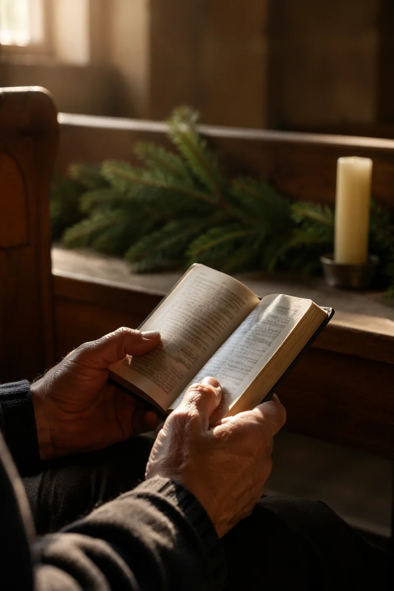Prayerful Hands Holding Bible in Quiet Chapel