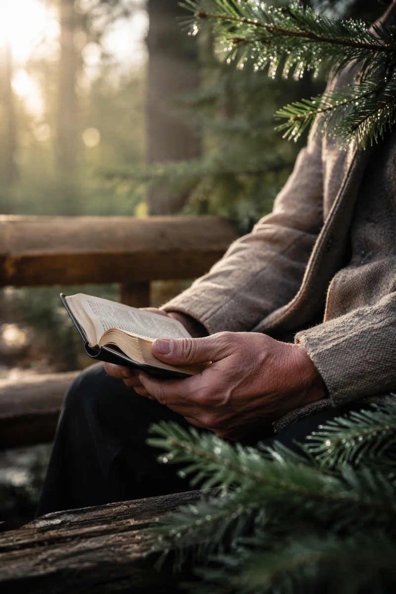 Weathered Hands Holding Bible Among Evergreens