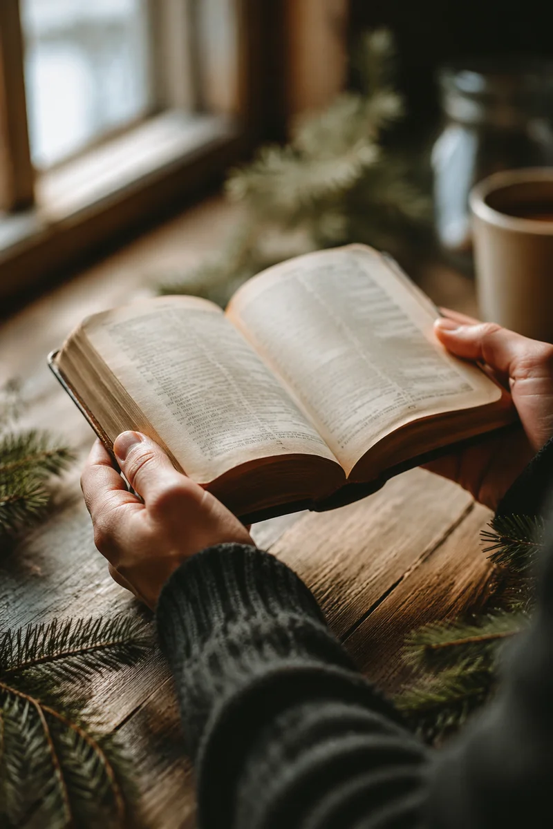 Hands Holding Bible by Evergreen Branches