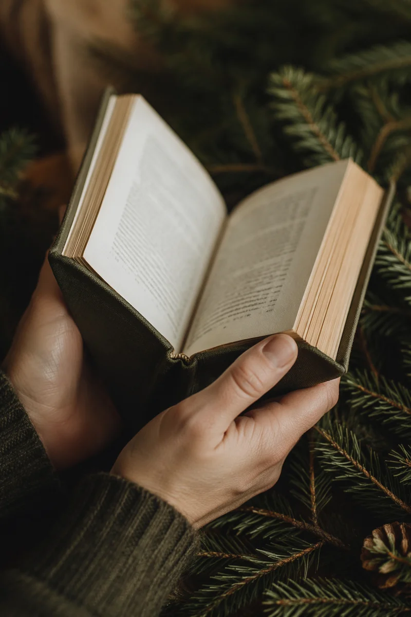 Hands Holding Bible Among Evergreen Branches