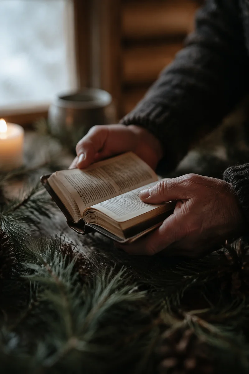 Weathered Hands Holding Bible Over Evergreens