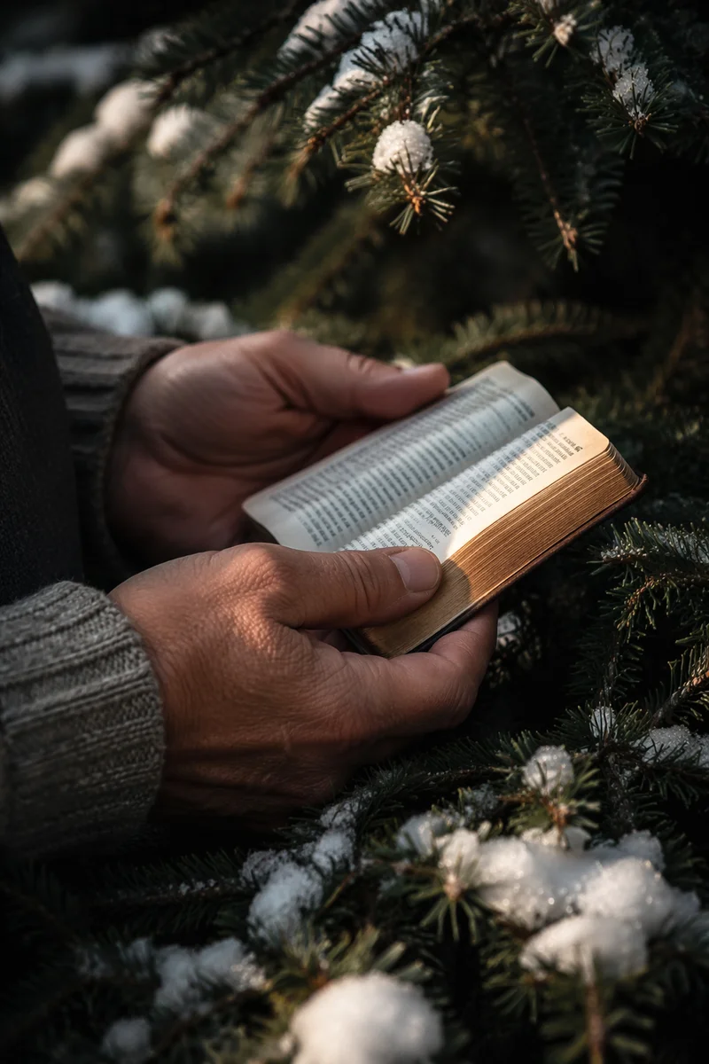 Weathered Hands Holding Bible in Winter Pines
