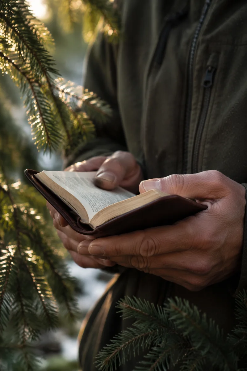 Weathered Hands Holding Bible in Evergreen Light