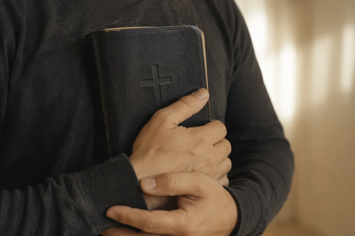 Hands Holding Worn Bible in Quiet Devotion