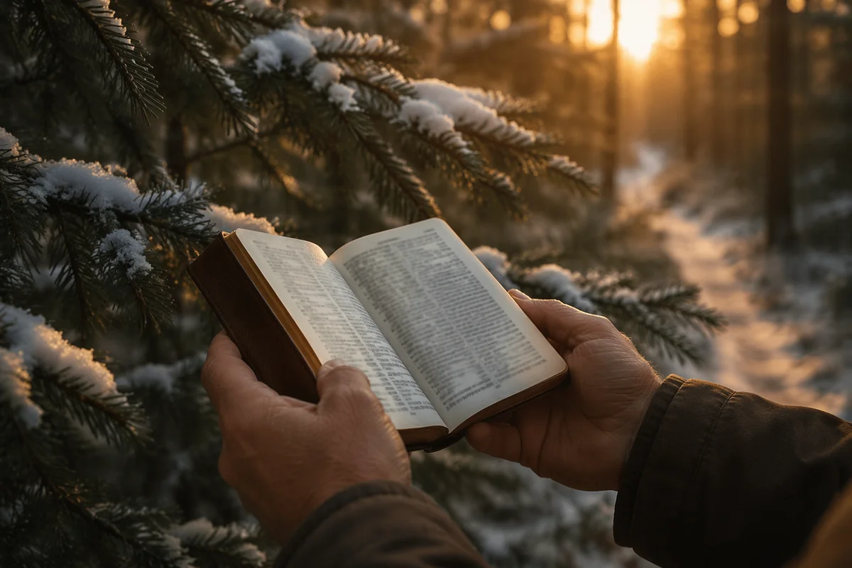 Weathered Hands Holding Bible in Snowy Evergreens