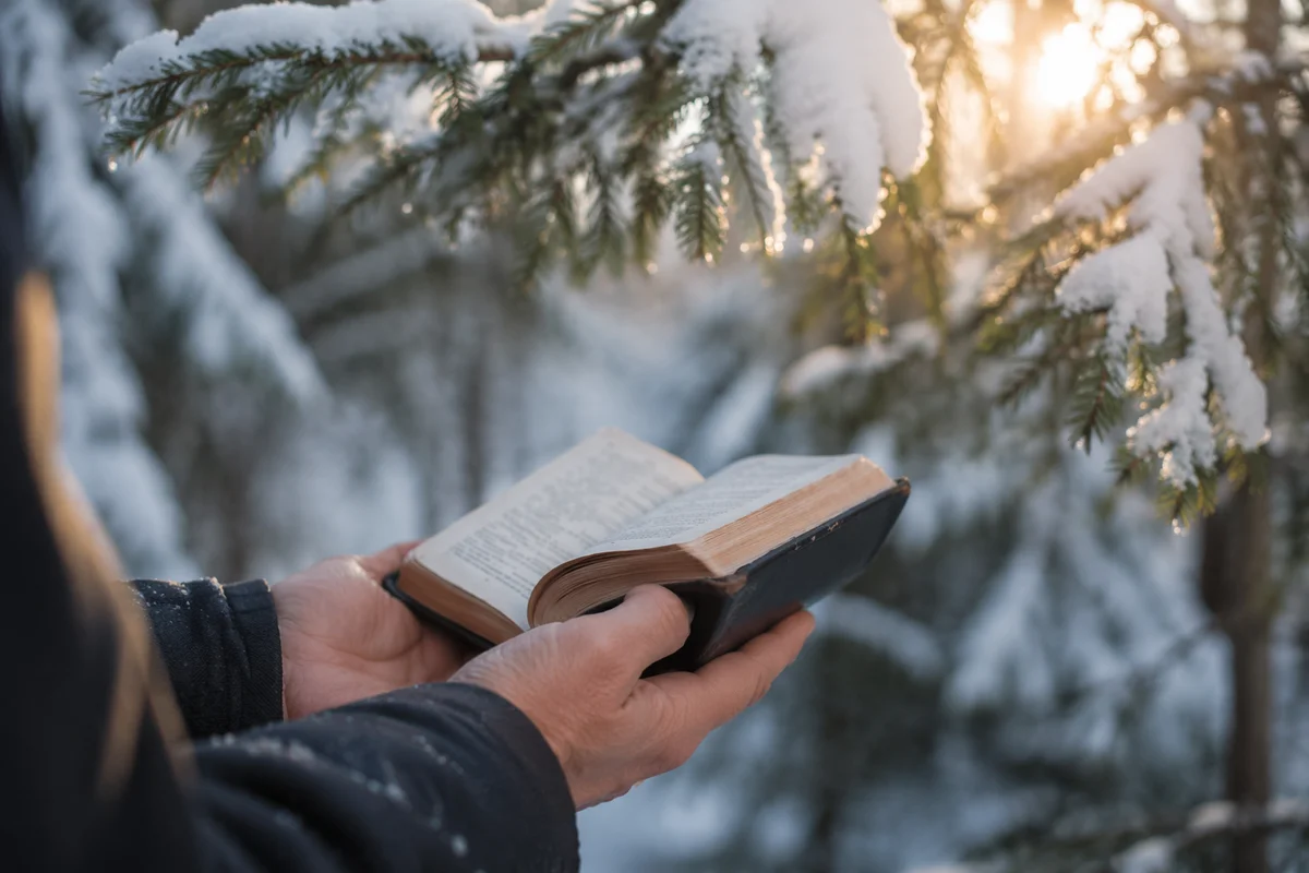 Hands Holding Bible in Snowy Evergreens