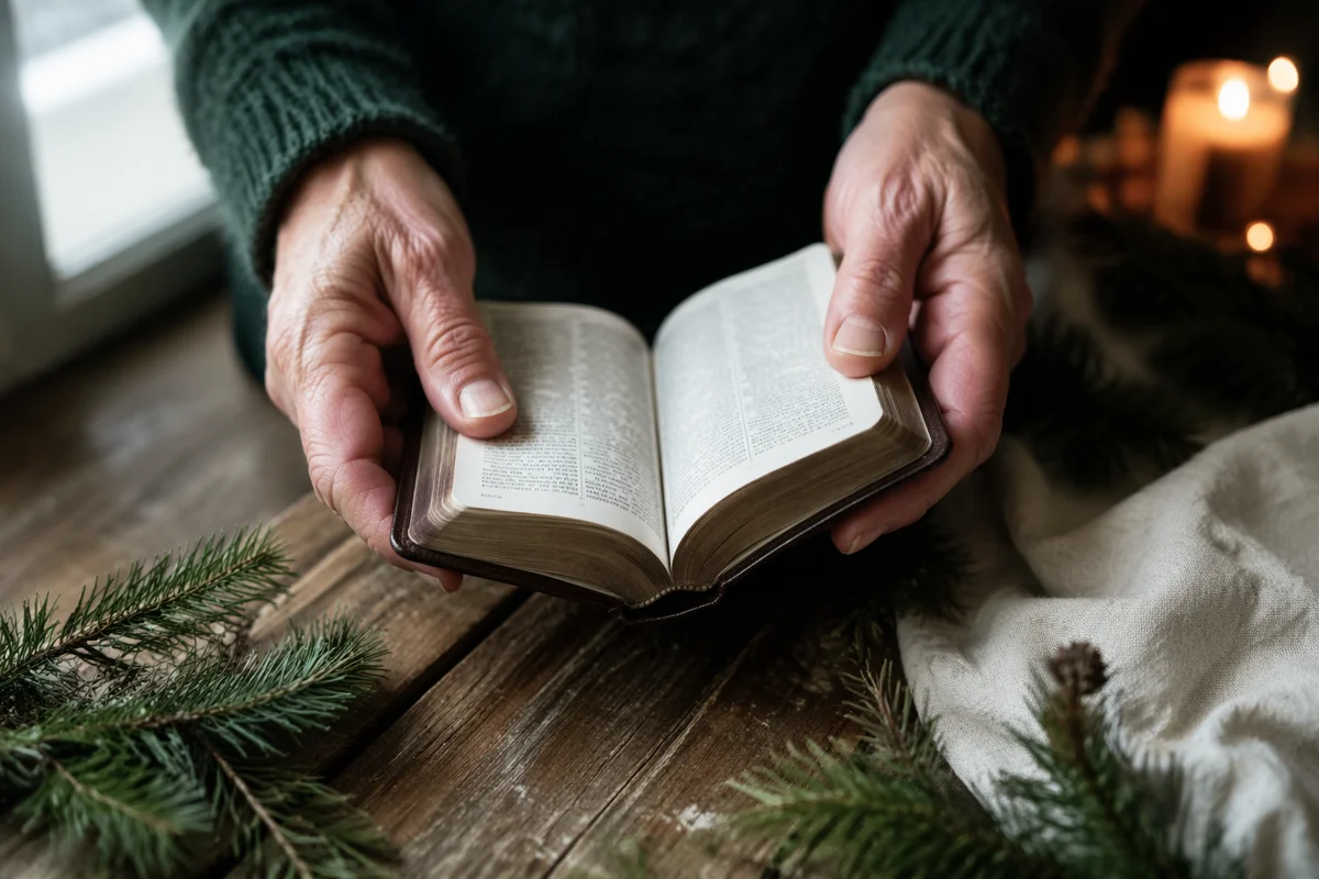 Weathered Hands Holding Bible with Evergreen