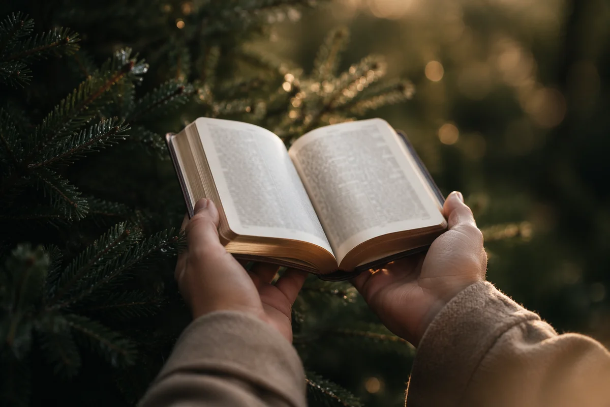 Hands Holding Bible Among Evergreen Branches