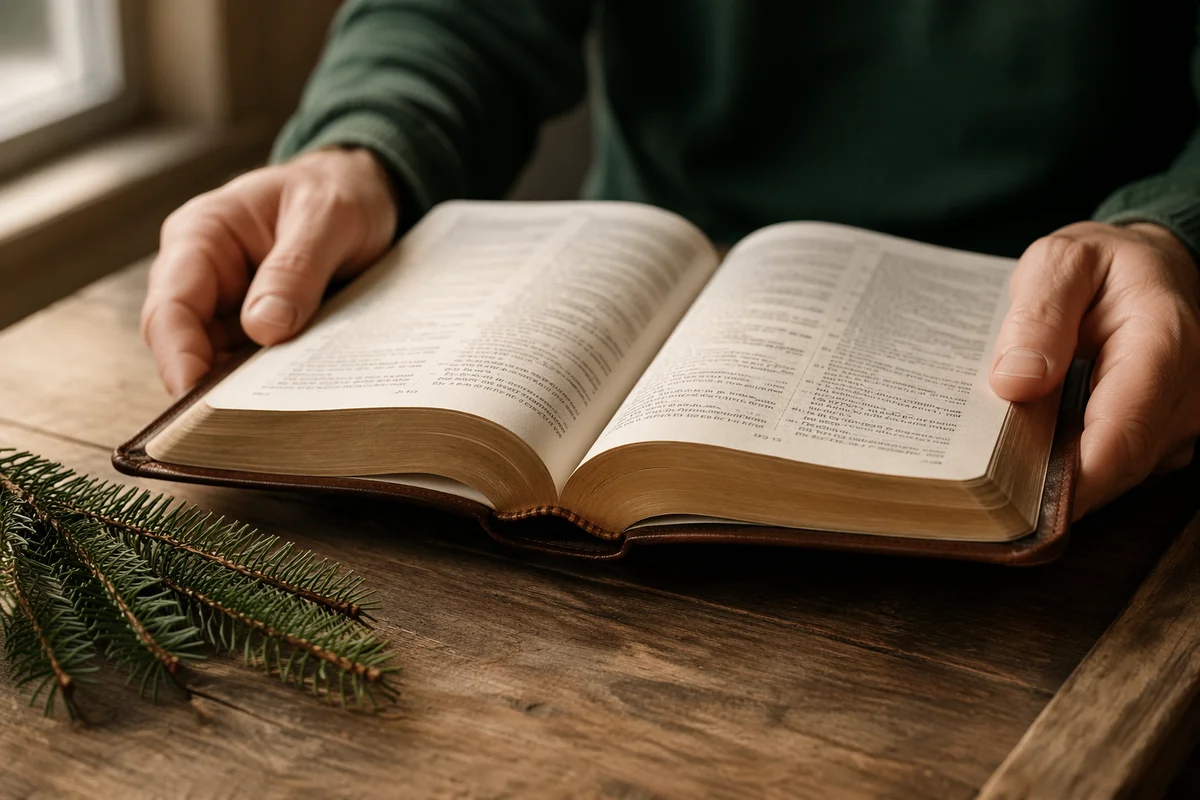 Hands Holding Open Bible with Evergreen