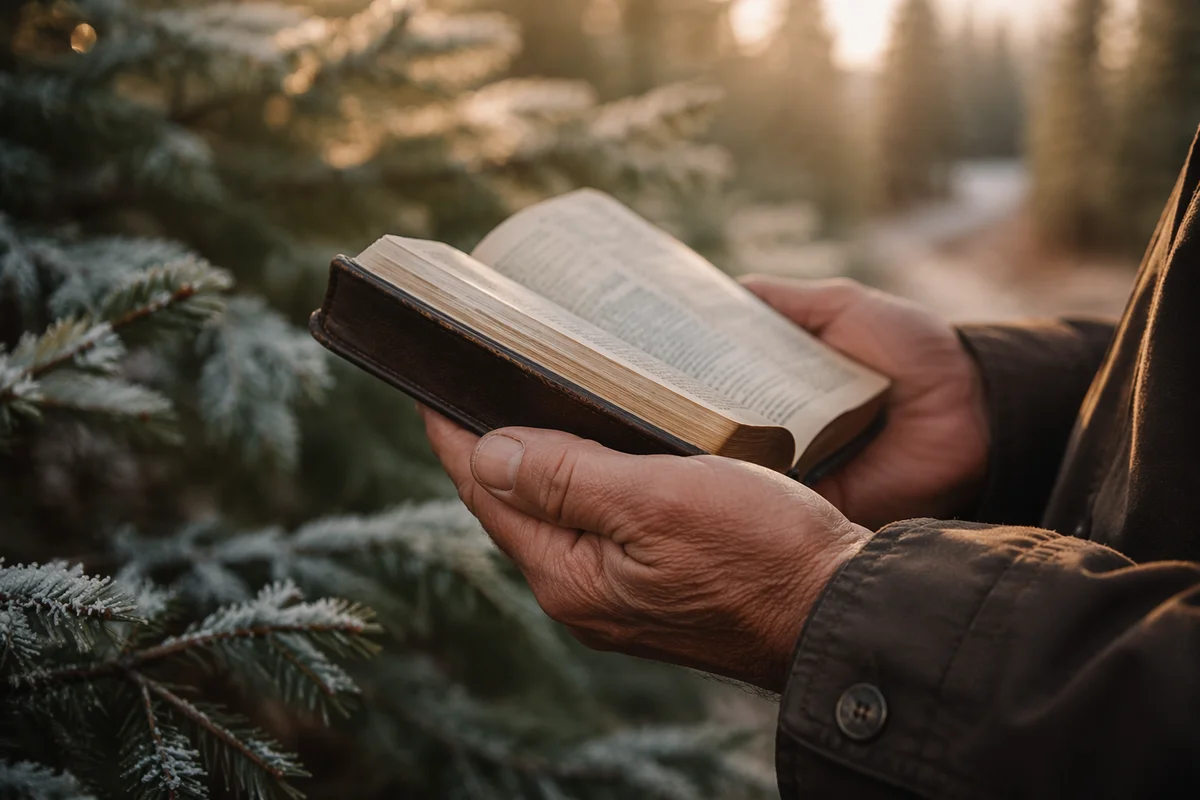 Weathered Hands Holding Bible Among Evergreens