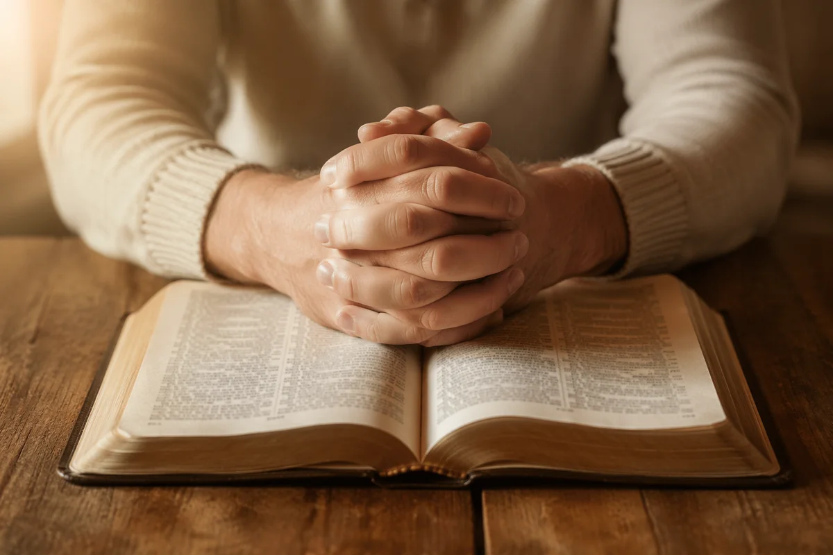 Praying Hands Resting Above Open Bible