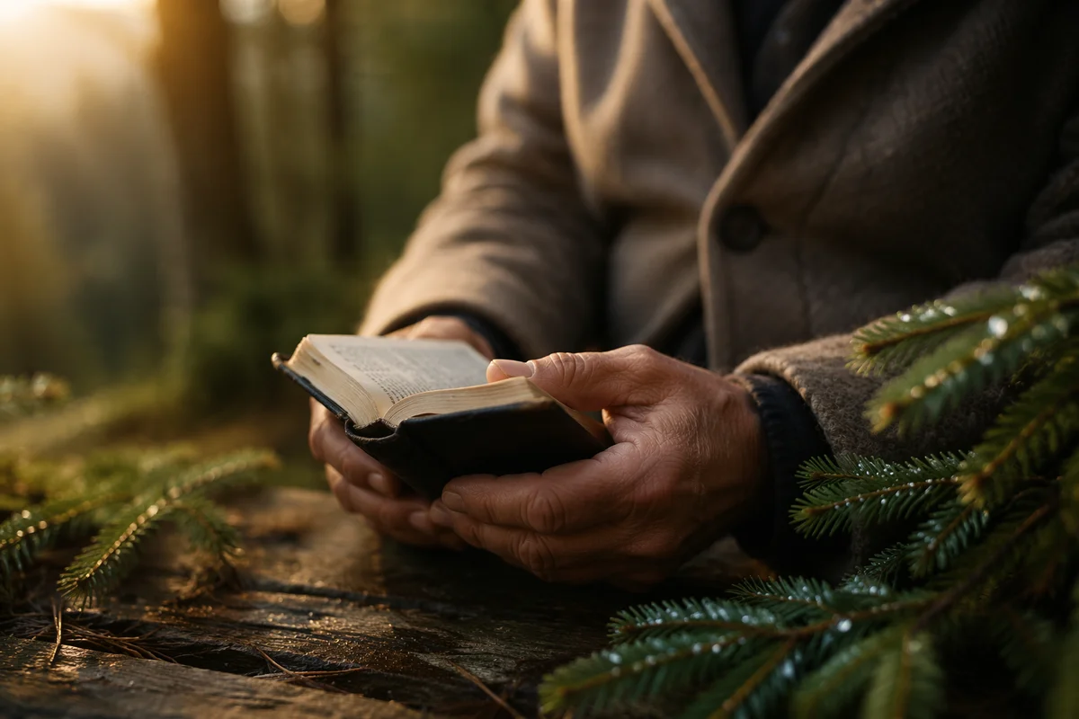 Weathered Hands Holding Bible by Evergreens