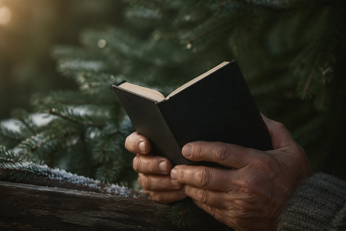 Weathered Hands Holding Bible in Evergreens