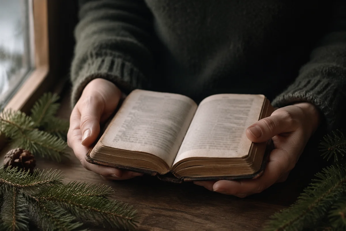 Hands Holding Bible by Evergreen Branches