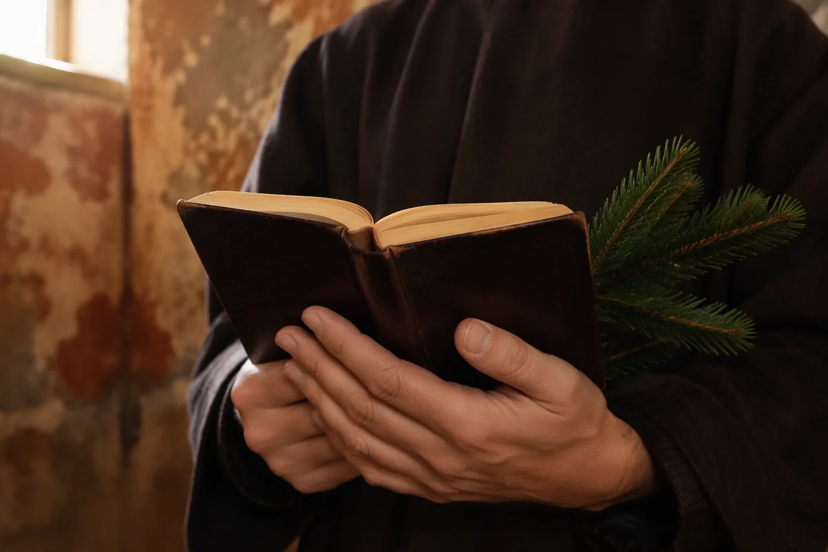 Hands Holding Bible with Evergreen Sprigs