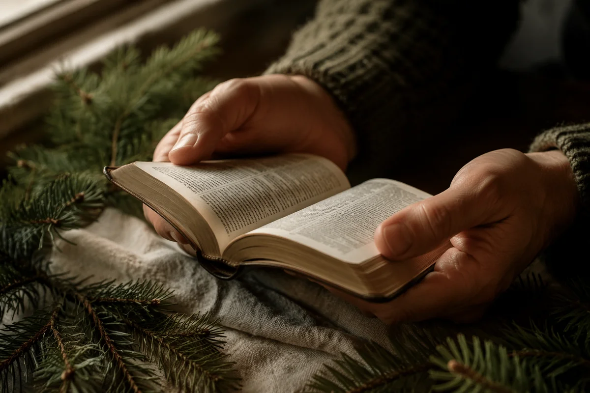 Hands Holding Bible Over Evergreen Branches