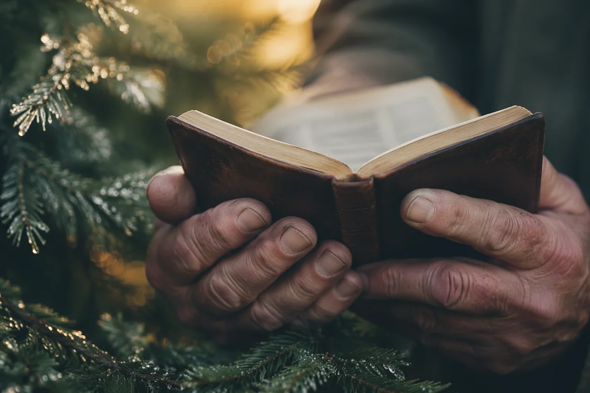 Weathered Hands Holding Bible Among Evergreens