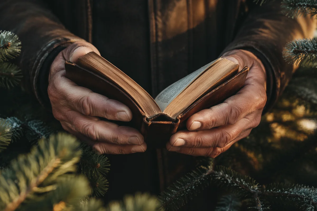 Weathered Hands Holding Bible Among Evergreens