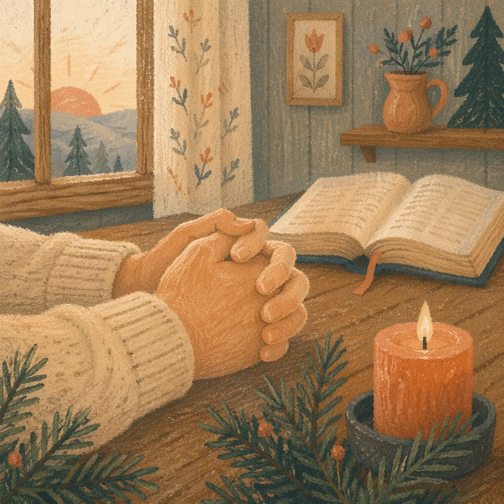 Praying Hands with Evergreen Candlelight