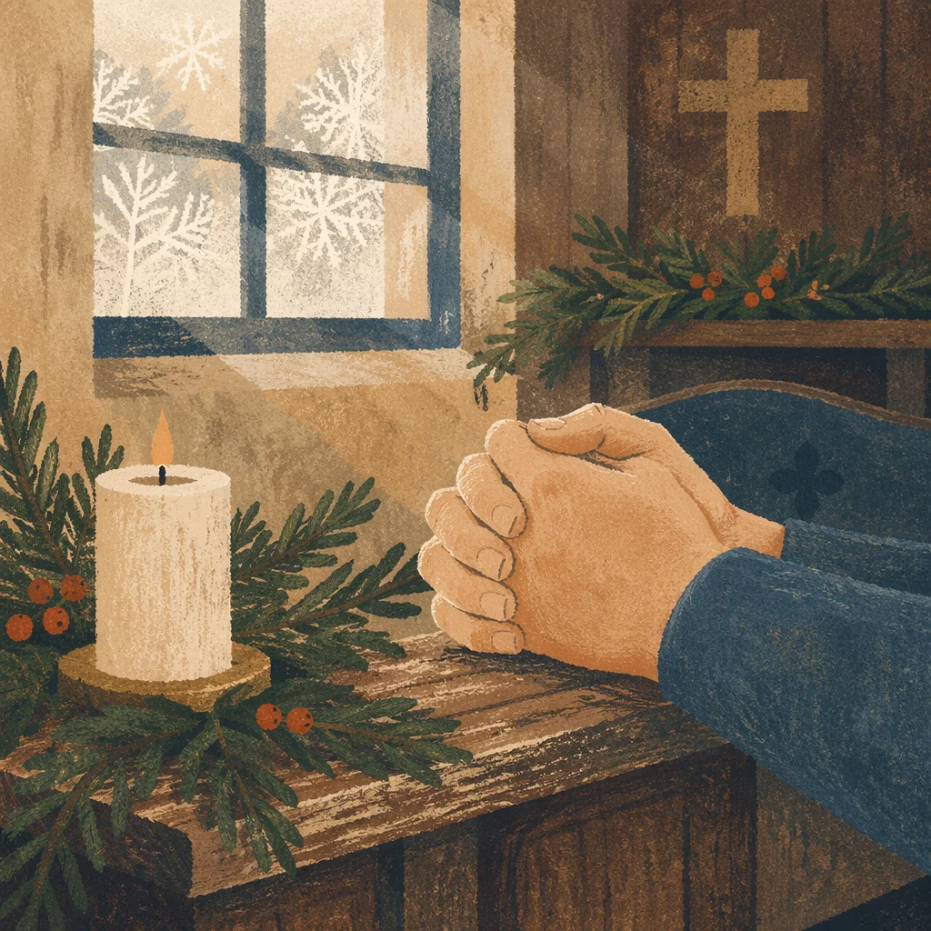 Praying Hands with Evergreen Candlelight