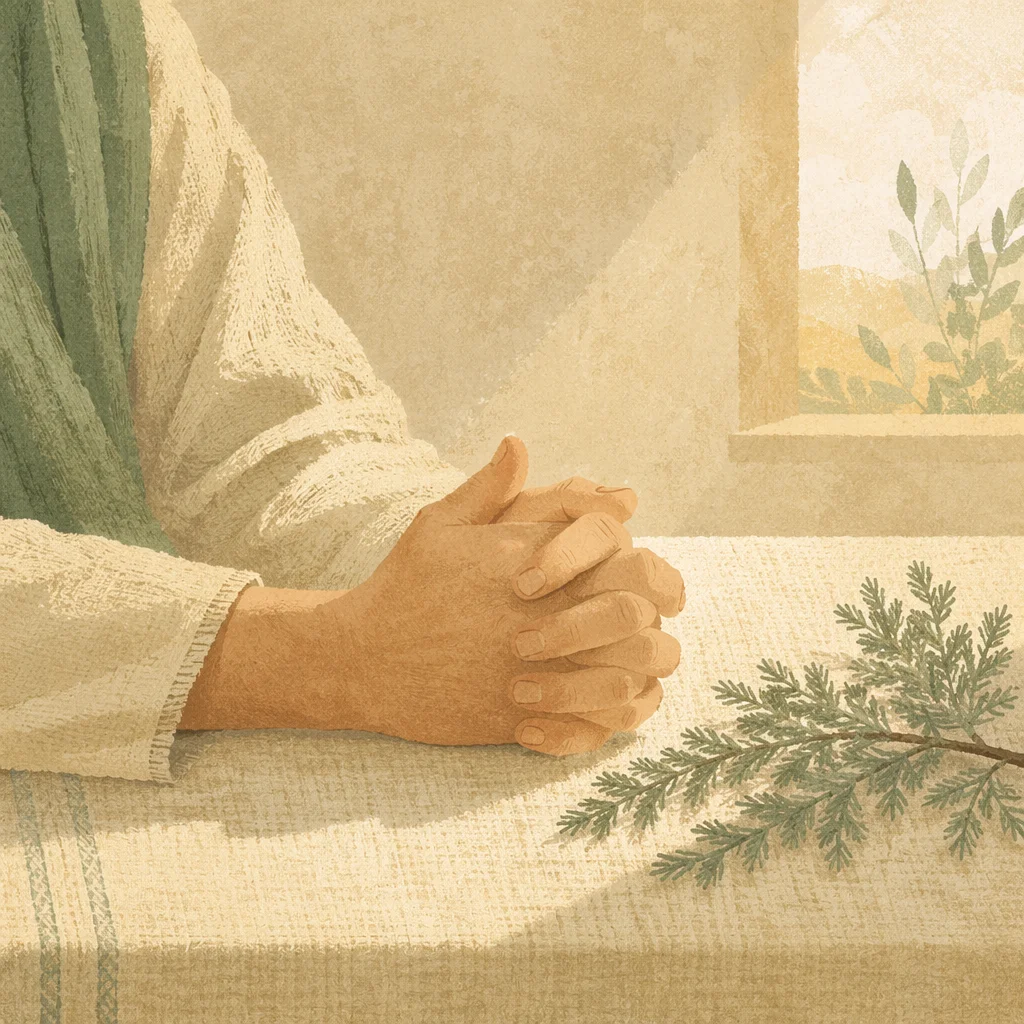 Praying Hands in Soft Evergreen Light