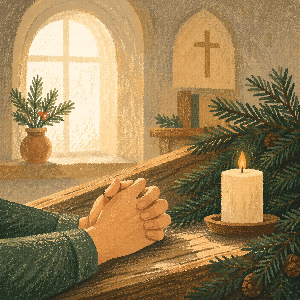 Praying Hands in Soft Evergreen Chapel Light