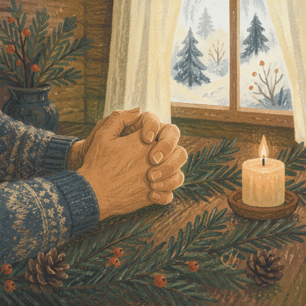Praying Hands with Evergreen Candlelight
