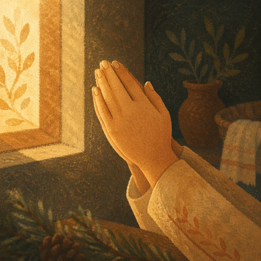 Praying Hands in Warm Evergreen Light