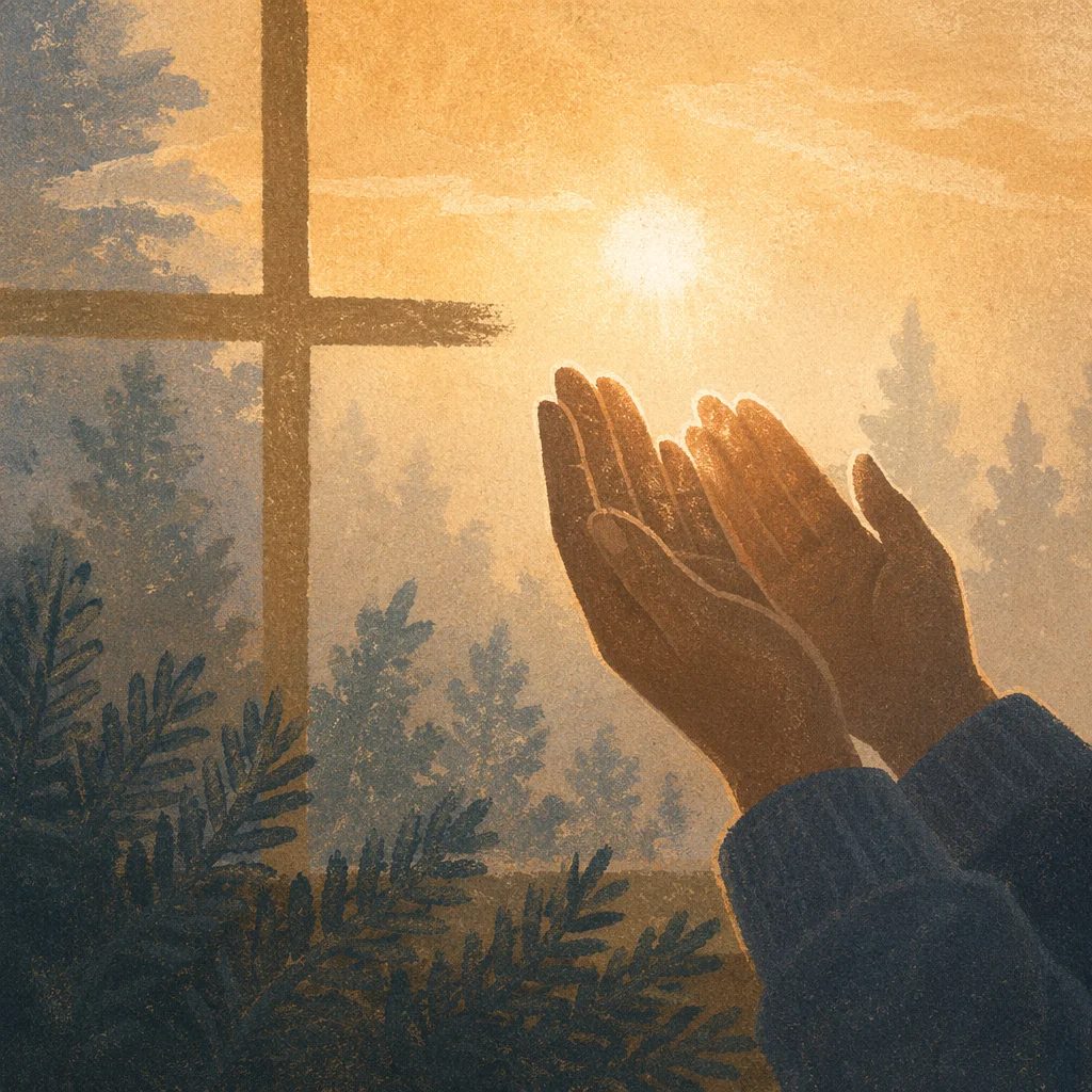 Praying Hands in Soft Evergreen Morning Light