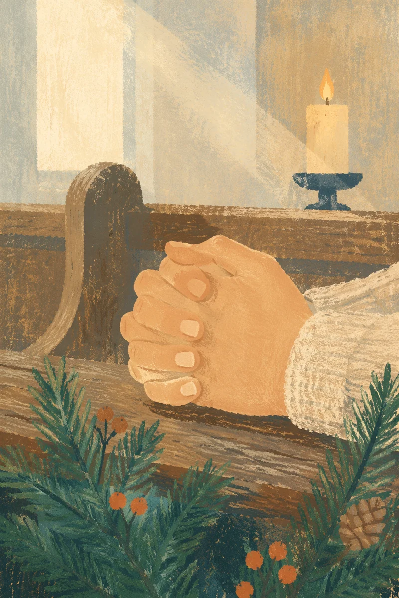 Praying Hands with Evergreen and Candlelight