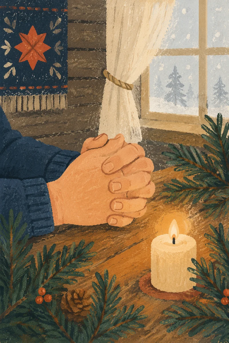 Praying Hands with Evergreen and Candlelight