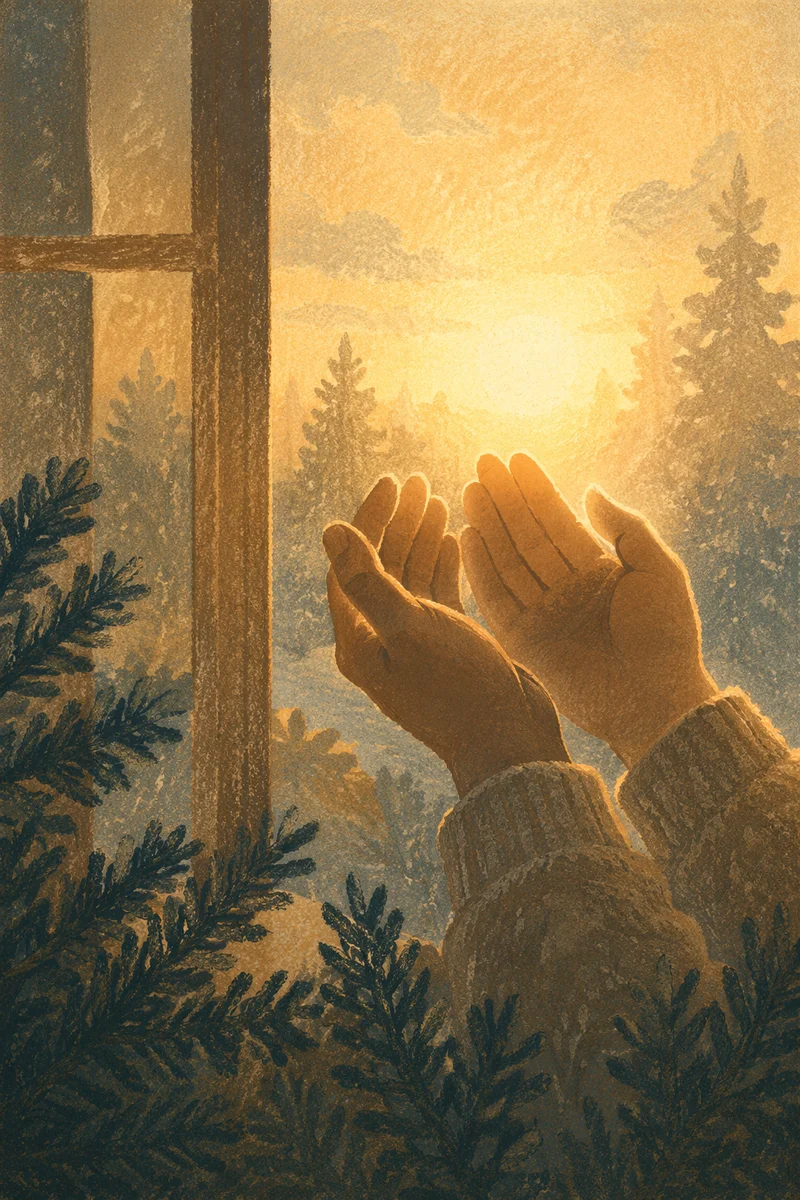 Praying Hands in Golden Evergreen Light