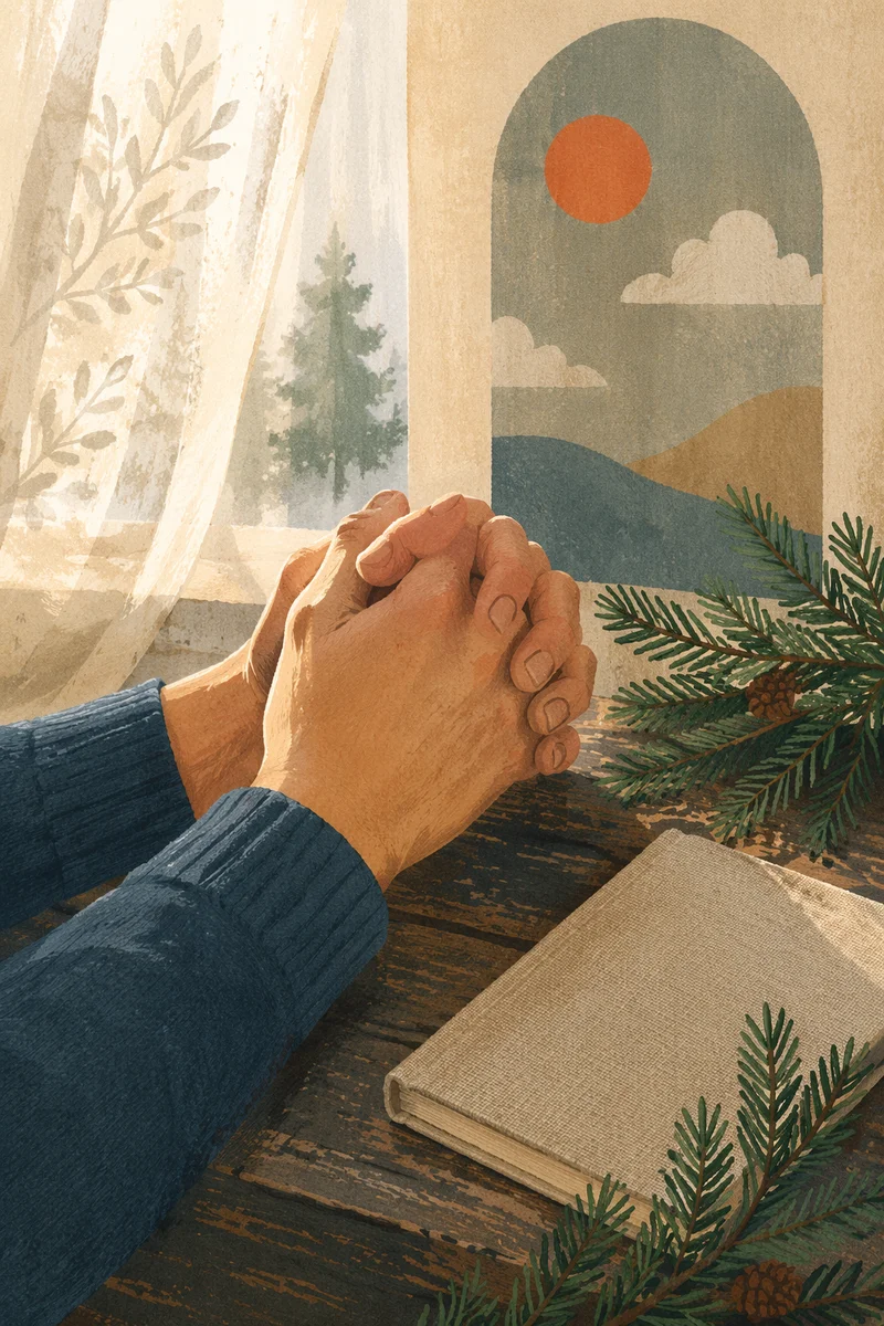 Praying Hands Beside Evergreen Morning Light