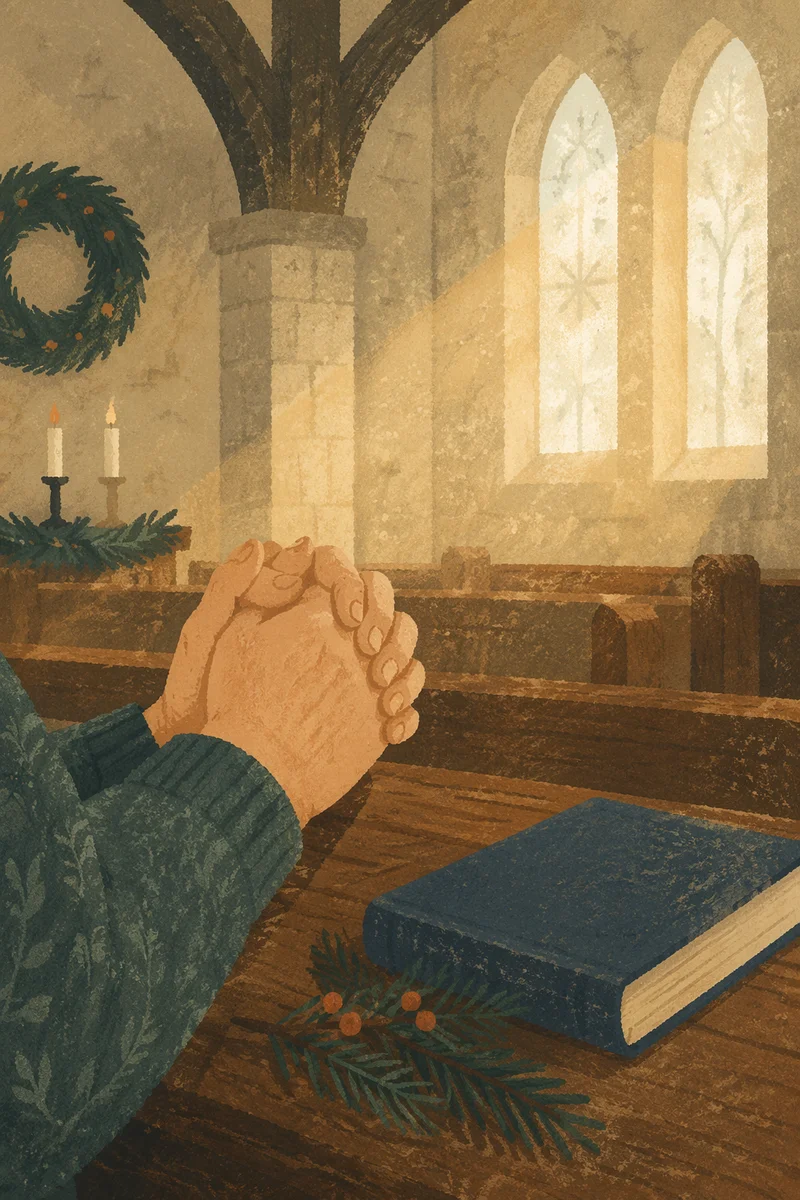Praying Hands on Pew in Winter Light