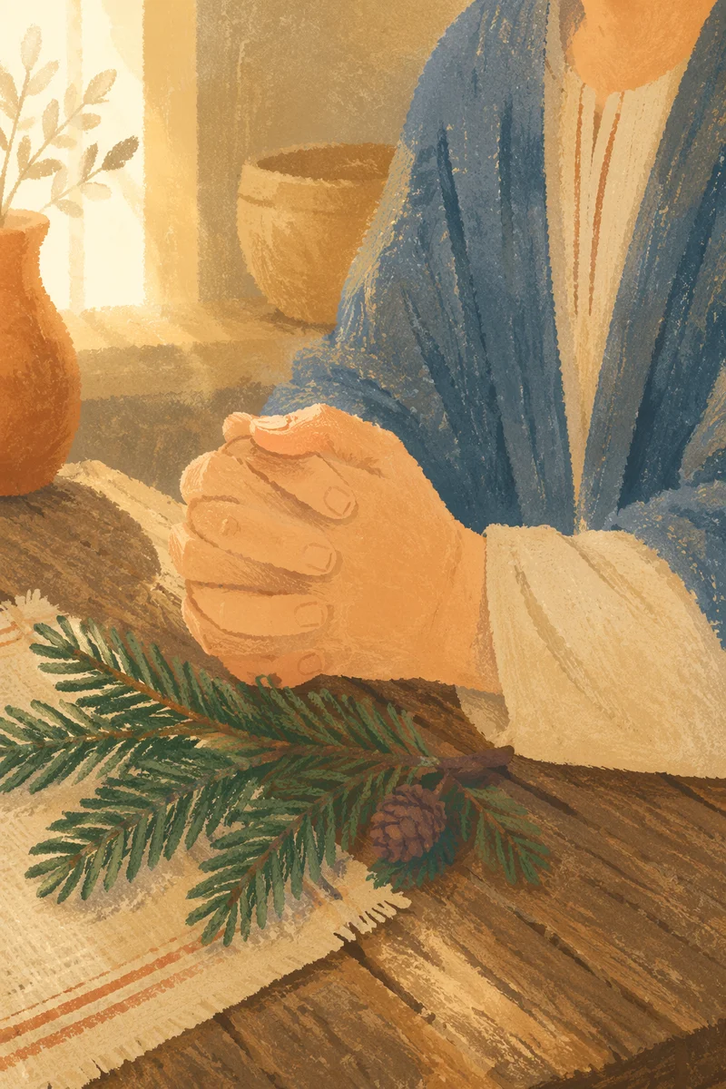 Praying Hands with Evergreen in Warm Light