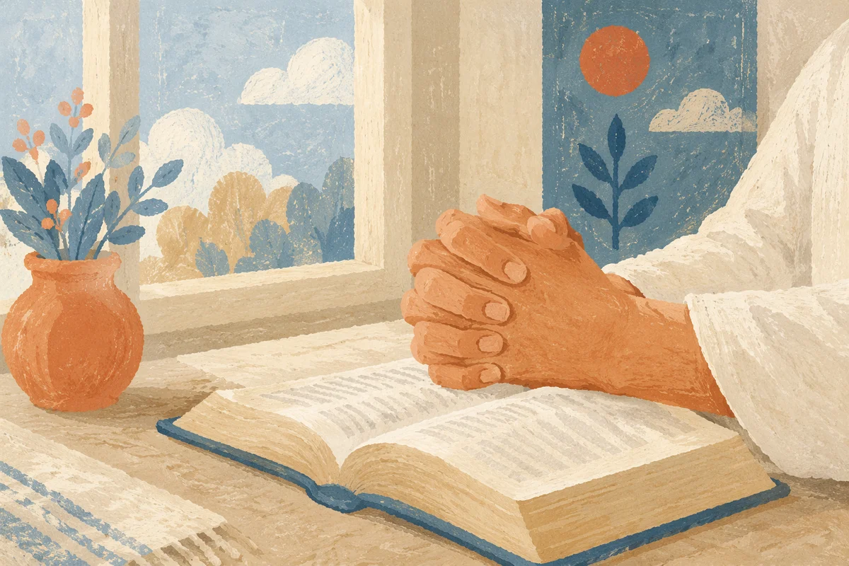 Praying Hands on Open Book in Soft Light