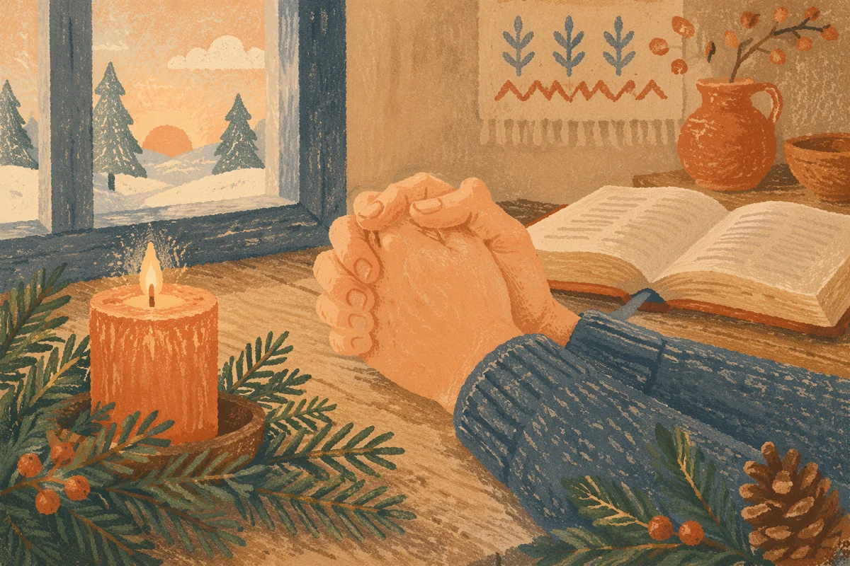 Praying Hands with Evergreen and Candlelight
