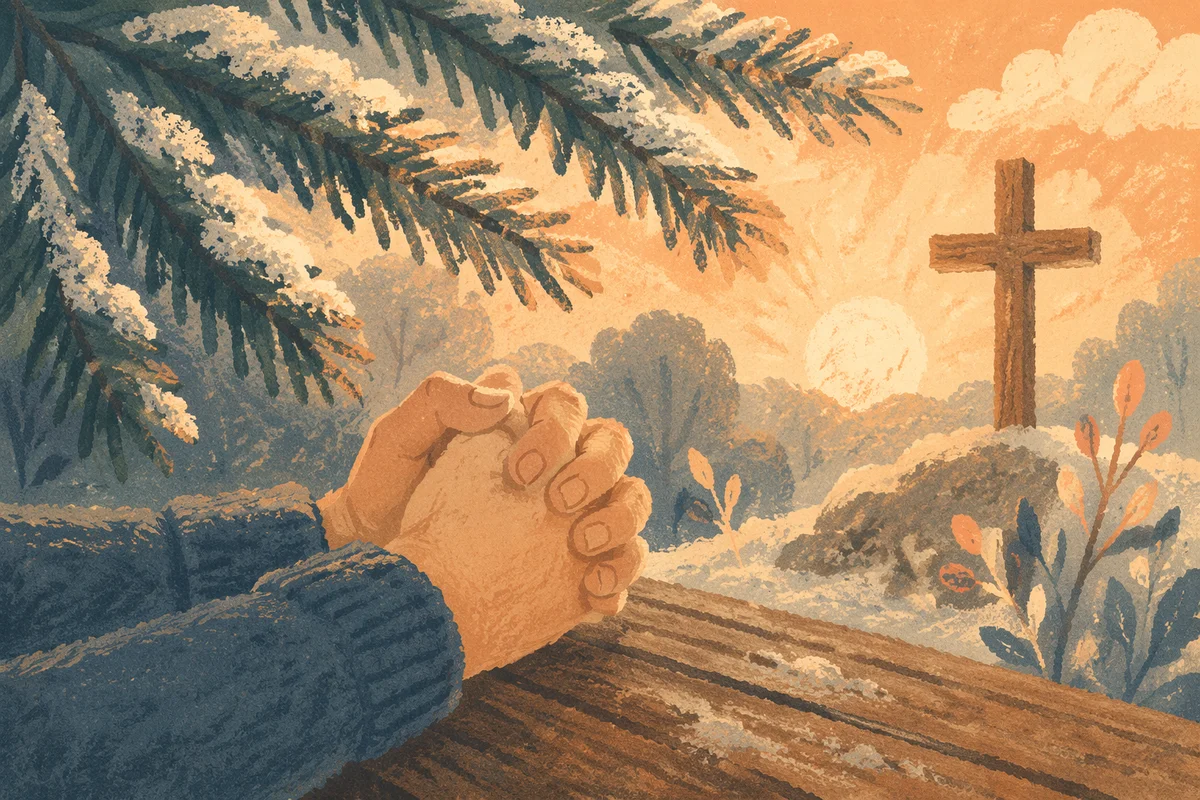 Praying Hands Beneath Snowy Evergreen Branches